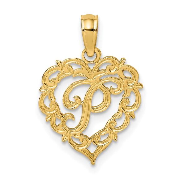 14K Yellow Gold Heart Script Letter P Initial Charm - Picture 1 of 4